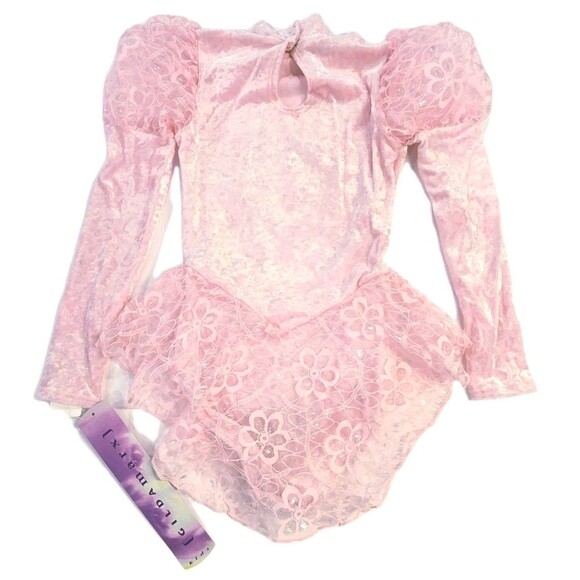 Gilda Marx VTG High Neck Velvet Lace Keyhole Pink Leotard Dress Size Y/J  (XS) - Picture 16 of 16